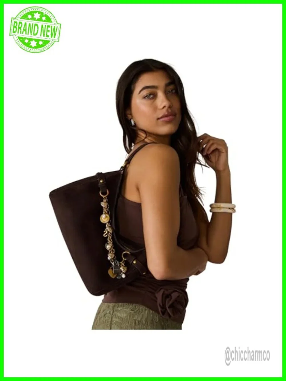 Charm Hobo Shoulder Bag with Zipper Closure Faux Suede
